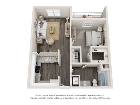 Floor plan for 1 bed, 1 bath, 770 sqft